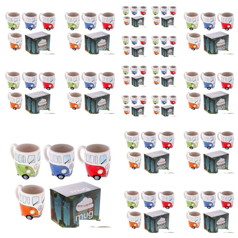 Mugs Ceramic Camper Cup 300Ml Wine Hand Painting Cartoon Bus Water Classical Drinkware 4 Colors Drop Delivery Home Garden Kitchen Din