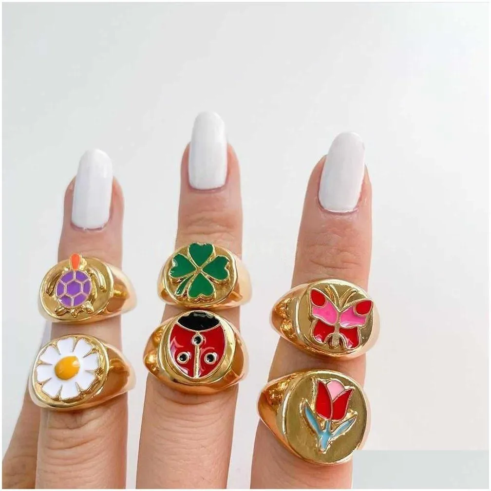 Band Rings Band Rings Aesthetic Colorf Evil Eyes Love Heart For Women Sweet Sunflower Drip Oil Enamel Metal Finger Couple Je Dhgarden Dhqpy