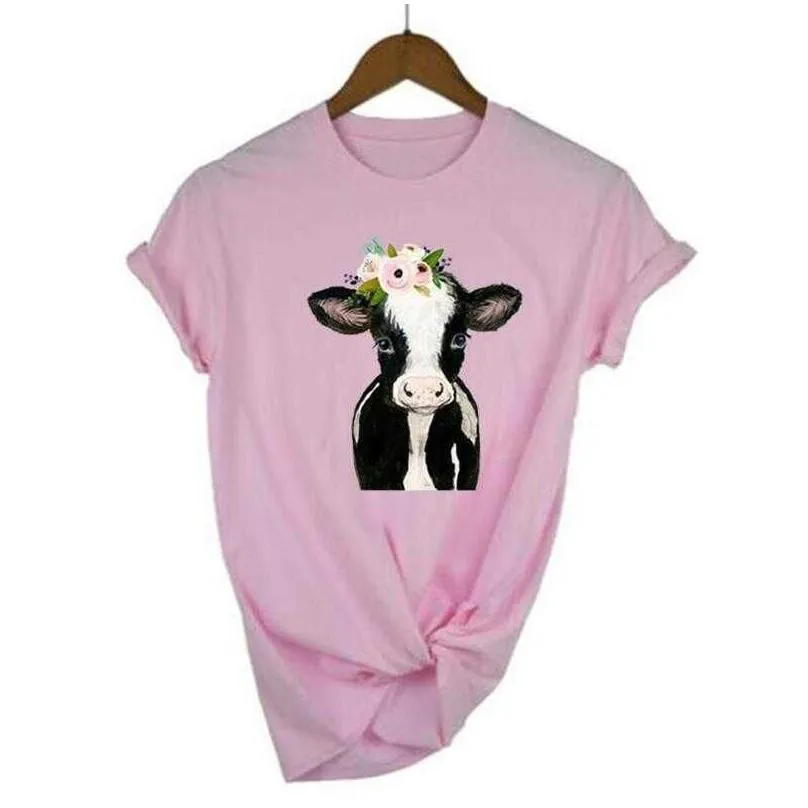 summer fashion tee shirt femme funny cow with flower animal lover farm t women tops