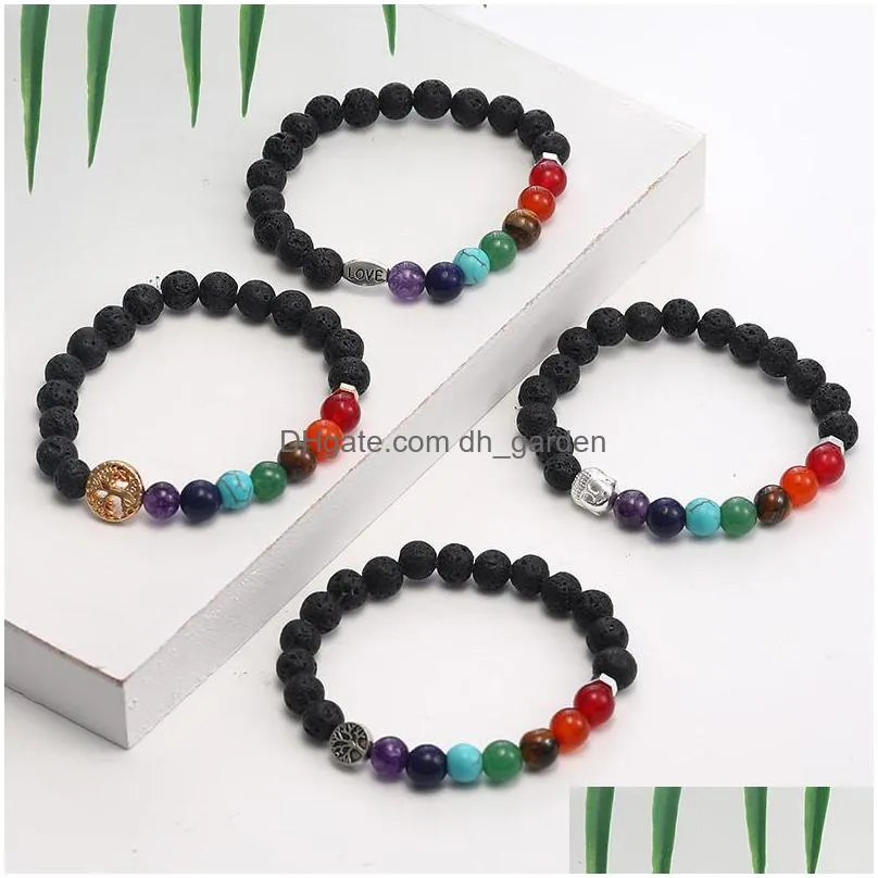 7 chakra bracelet for men women 8mm black laca beads elephant/buddha/life tree yoga healing  oil diffuser braceletz