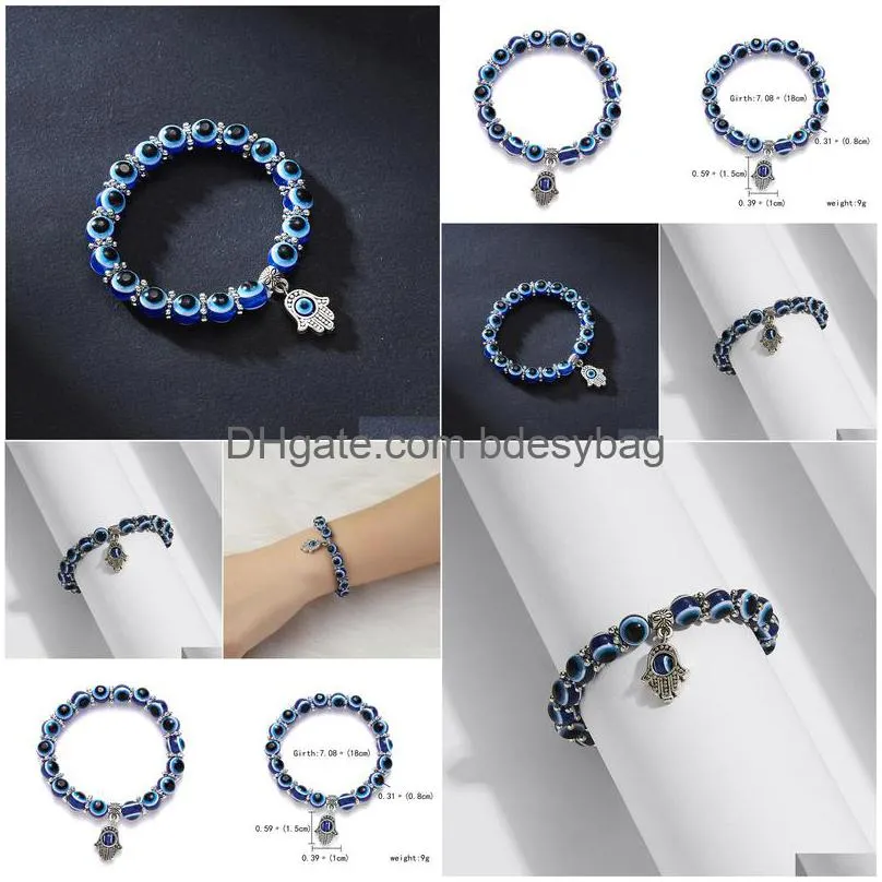 Charm Bracelets Turkish Blue Evil Eye Bracelet Palm Charms Resin Round Lucky Bead Wishing Elastic Cord Chain Ladies Charm Jewelry Drop Dhj9L