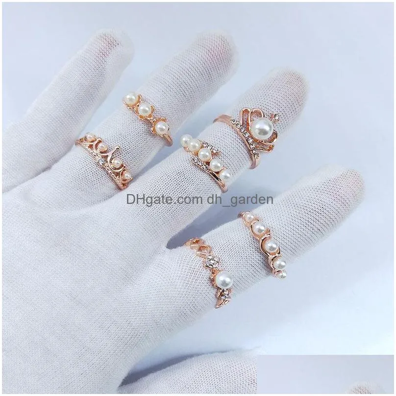 50pcs/lot fashion luxury rose gold color band pearl crown metal rings for women party gifts wedding jewelry mix style wholesale