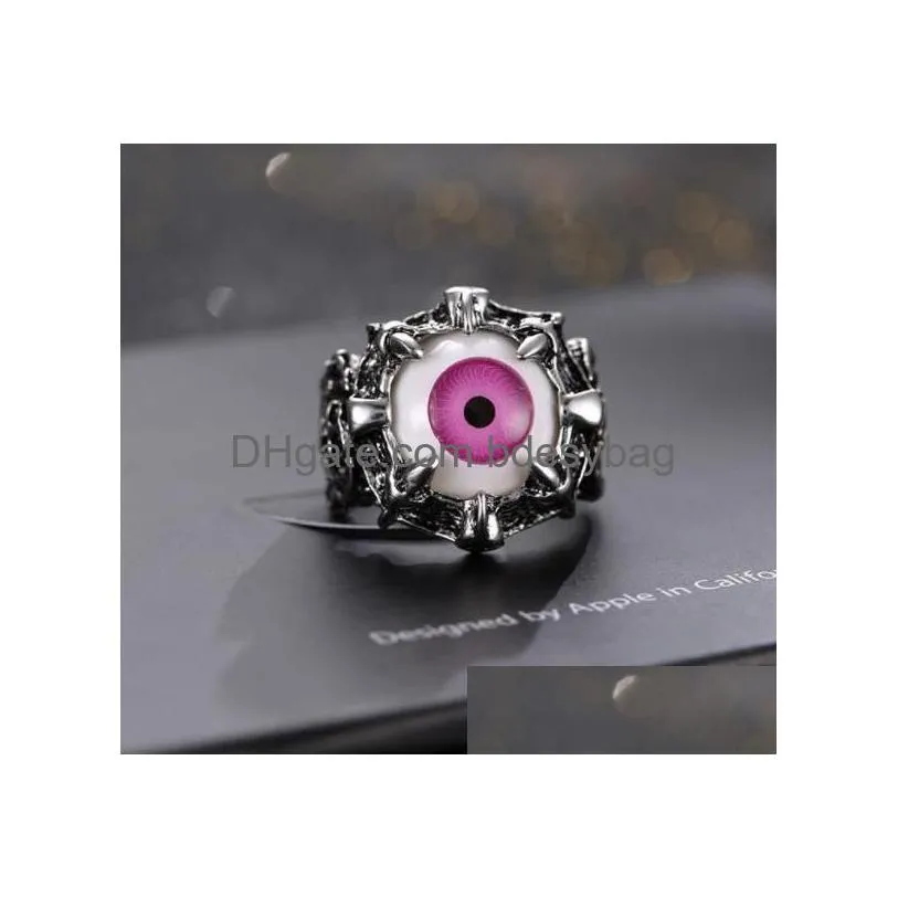 Band Rings Wholesale Uni Punk Retro Dragon Claw Red Evil Eye Skl Stainless Steel Biker Ring Drop Delivery Jewelry Ring Dhgy1