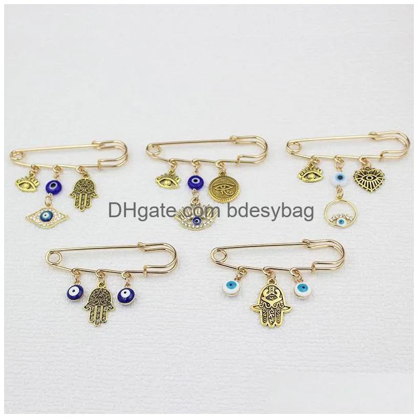 Pins, Brooches Wholesale Hamsa Hand Brooch Rhinestone White Blue Evil Eye Safety Pin For Friends And Family Gift Lucky Jewelry Badge N Dhxch