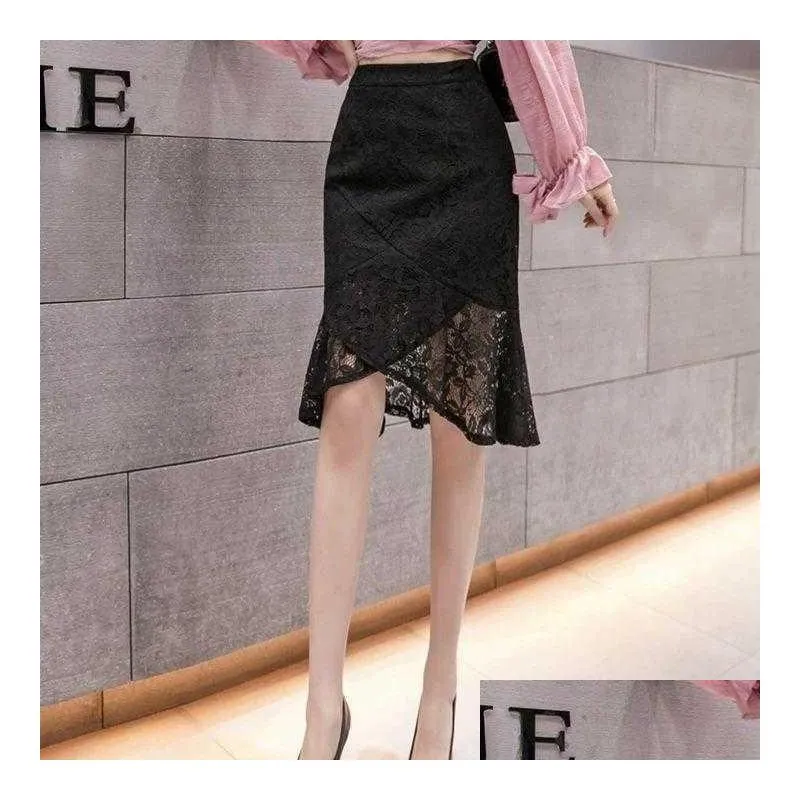 spring autumn high waist slim sexy lace skirt allmatch casual elegant women irregular fishtail 210527