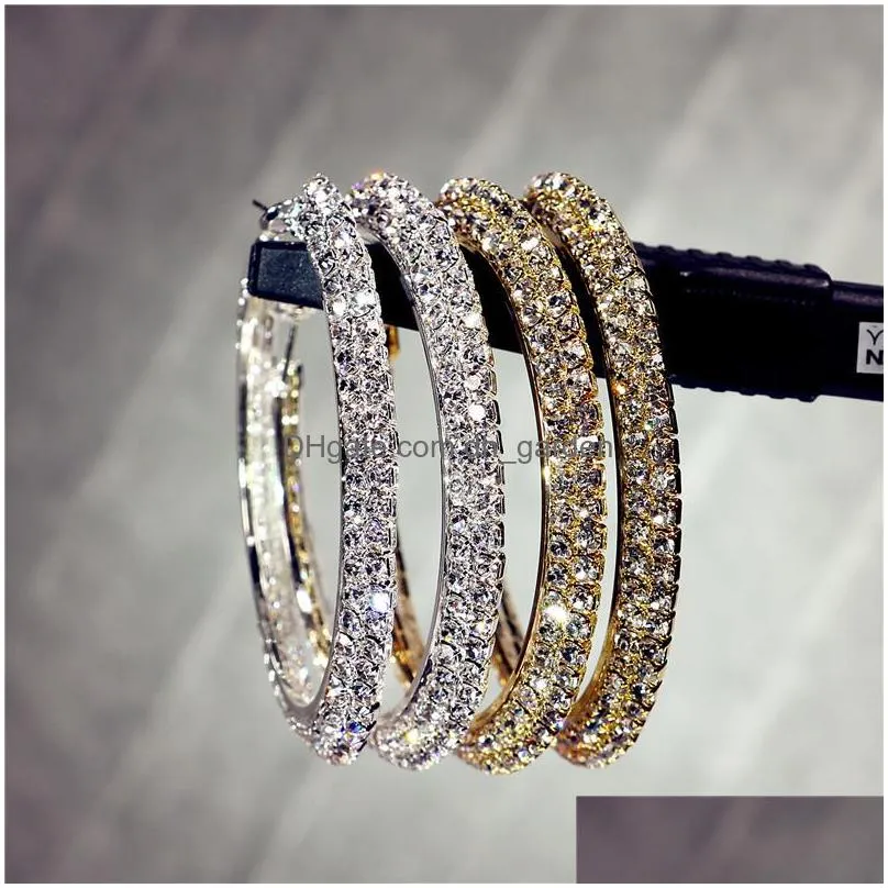 womens large big dangle earrings shiny double row diamonds silver color circle hoop earrings bridal jewellery