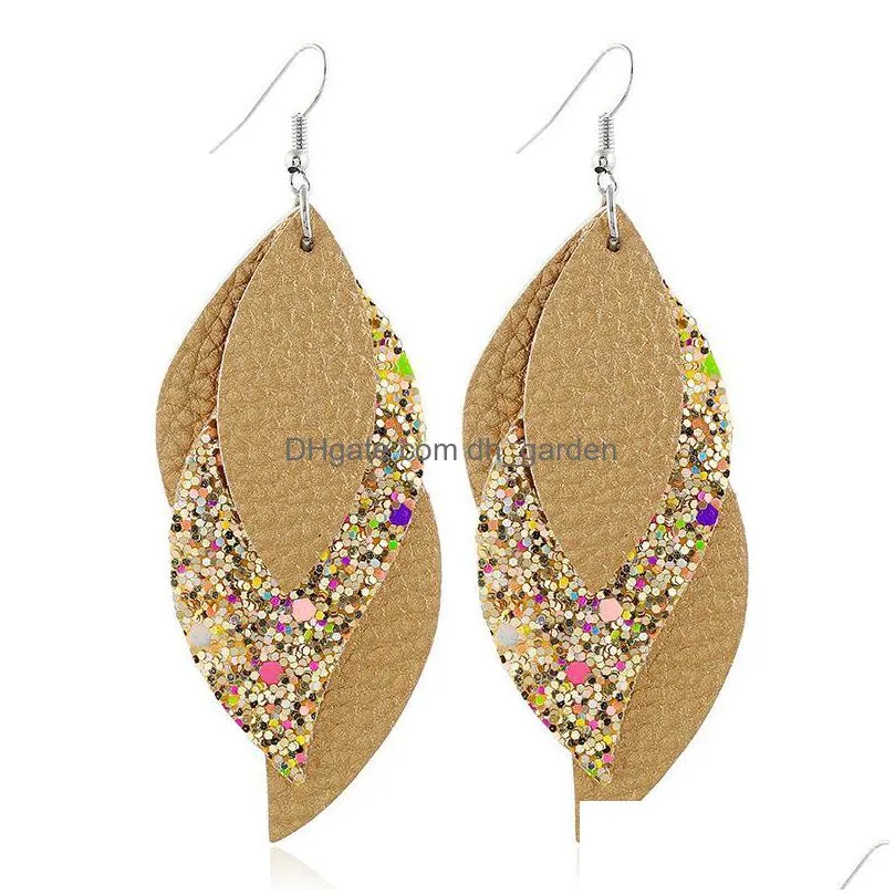 women trendy versatile leather dangle earrings three layers litchi pattern sequin earring