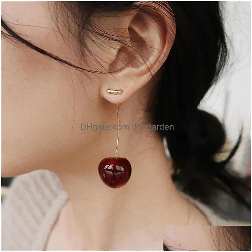 fashion 3d red cherry drop earrings cute fruit gold dangle earrings charm jewelry gift earrings for women girls valentines dayz