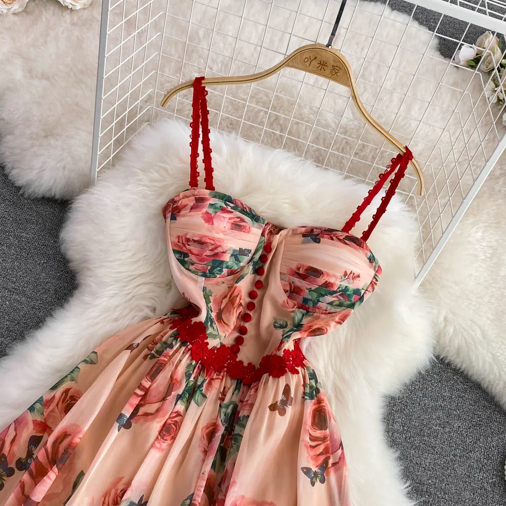 Casual Dresses Red A Line Spring Summer Print Flower Holiday Vacation Dress Runway Women loral Print Bow Sashes Long Maxi Vestidos 2023