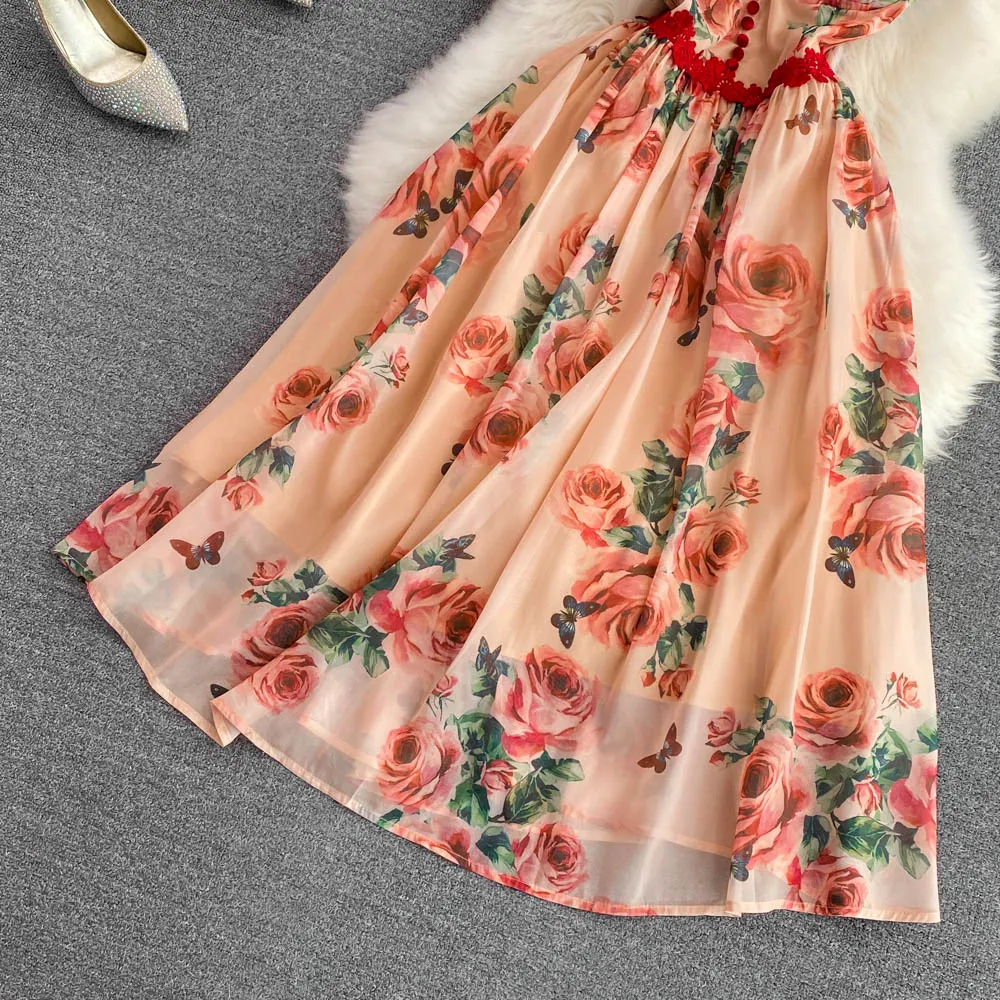 Casual Dresses Red A Line Spring Summer Print Flower Holiday Vacation Dress Runway Women loral Print Bow Sashes Long Maxi Vestidos 2023