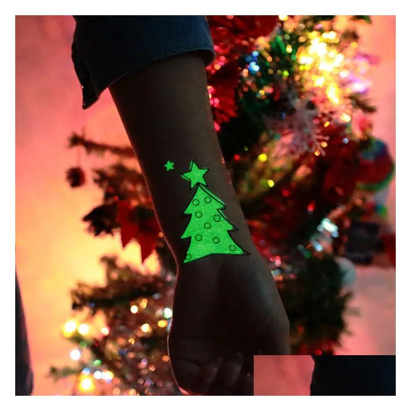 Other Decorative Stickers Christmas Glow Temporary Tattoo Sticker Elk Snowman Waterproof Luminous Glowing In The Dark Party Decoration Dhyw0