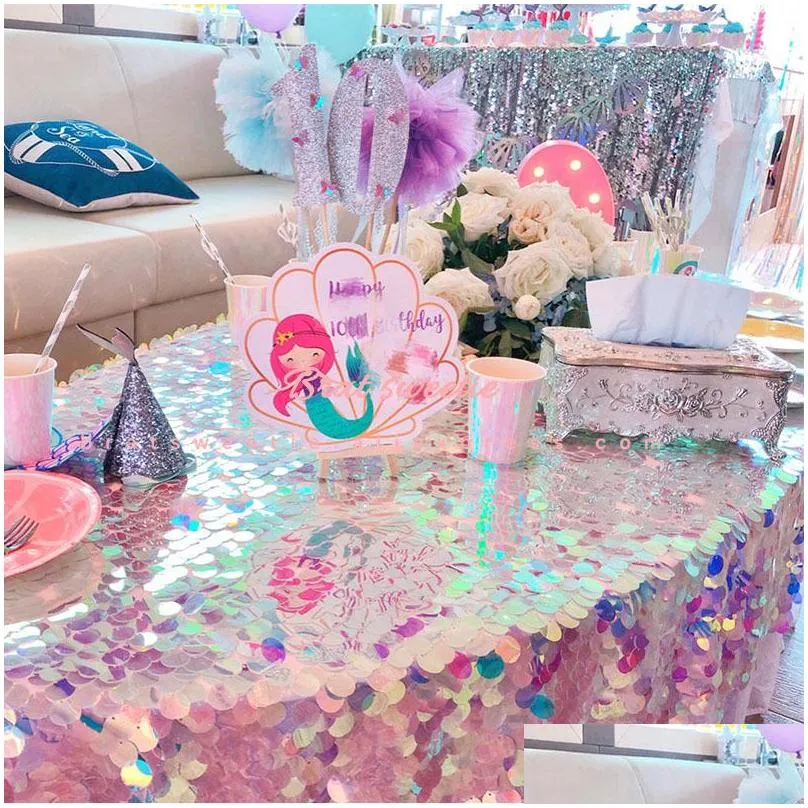 iridescent mermaid tablecloths unicorn party holographic wedding baby shower birthday embroidery mesh lace glitter sequin fabric