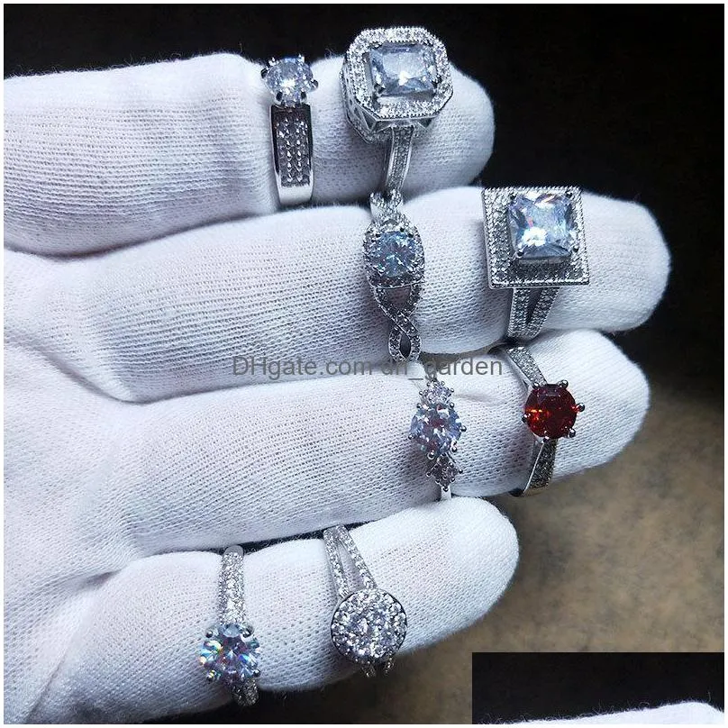wholesale 50pcs / lot silver color square zircon with side stones ring fashion gold color jewelry promise engagement rings for women