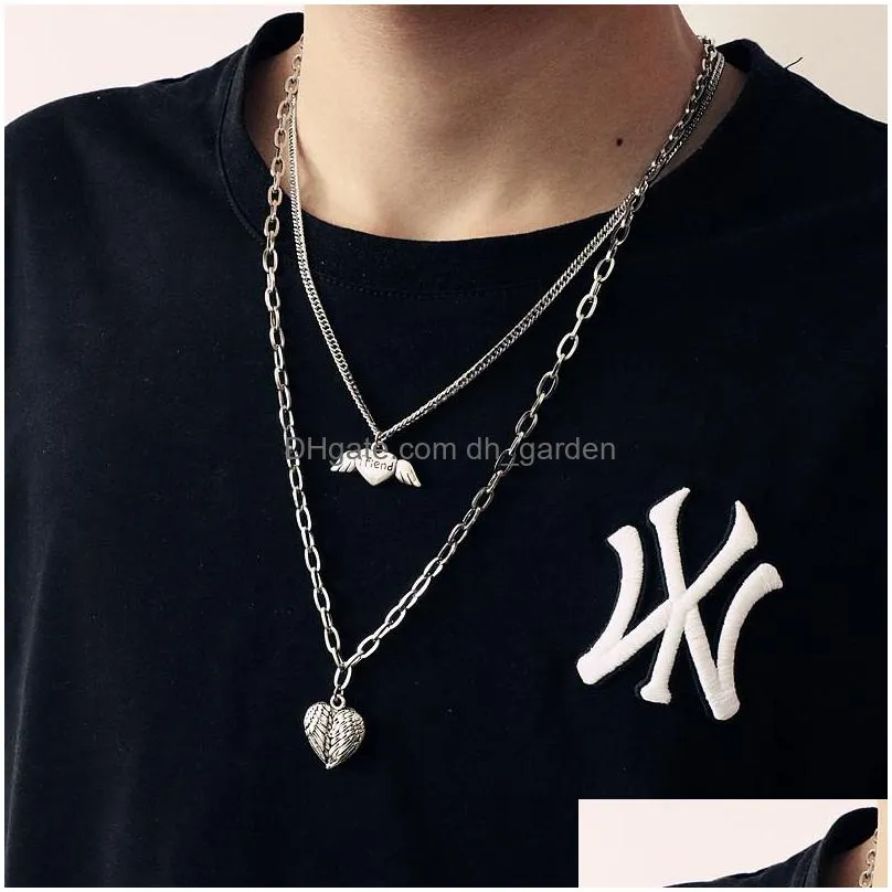 10pcs/lot vintage multilayer hiphop stainless steel necklaces for men women rock rapper charm collar pendants jewelry