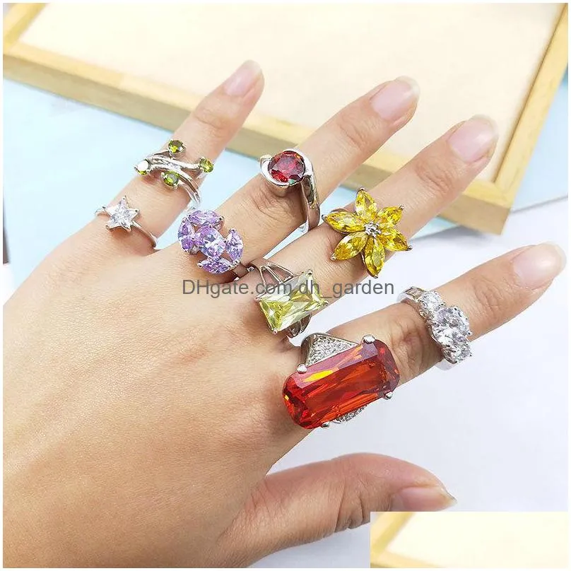 wholesale 50pcs / lot silver color square zircon with side stones ring fashion gold color jewelry promise engagement rings for women