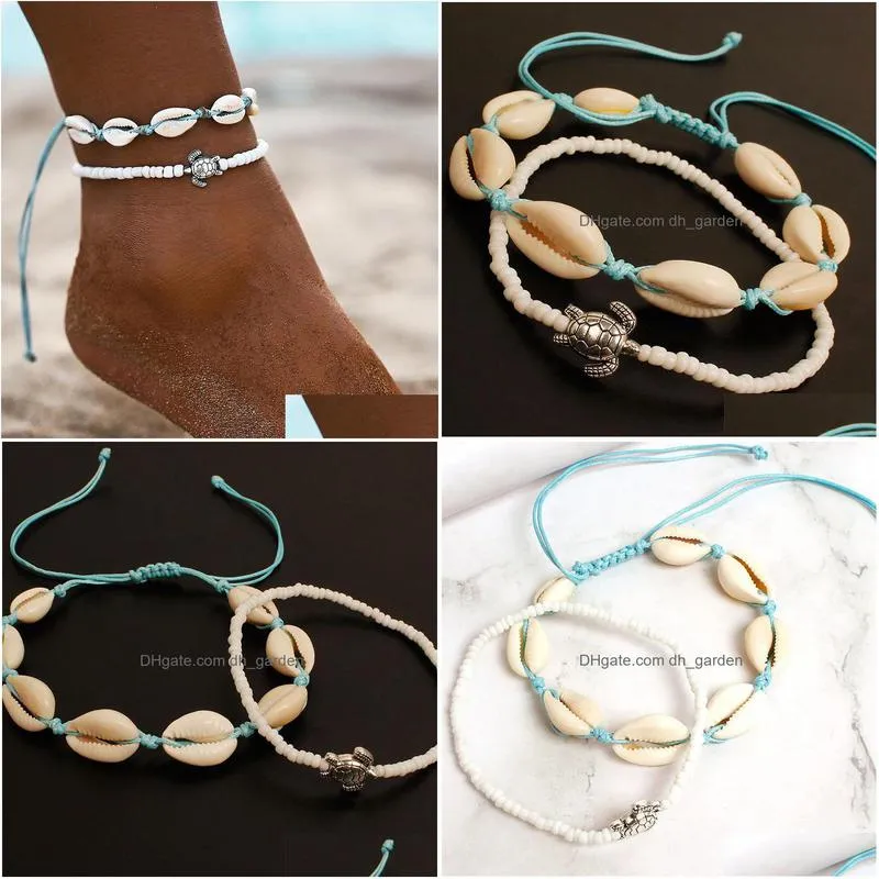 beach style woven shell string rice beads anklets tortoise set 2 foot accessories womens foot chain