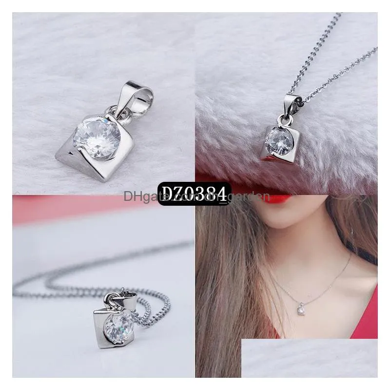 20pcs/lot simple silver heart love necklaces for women crystal zircon pendants fashion jewelry mix style length 45cm wholesale