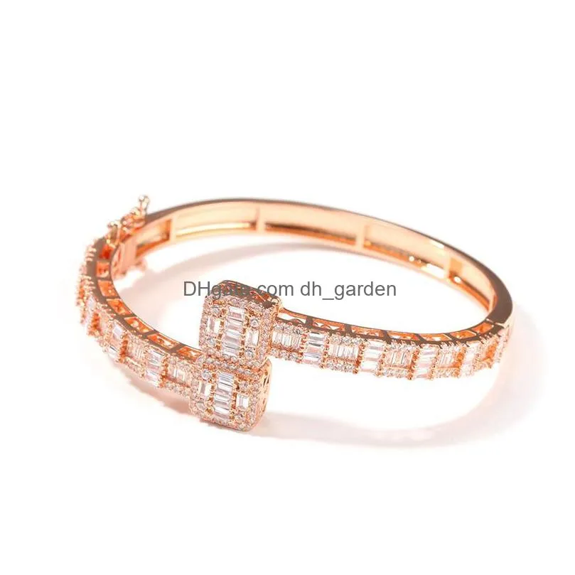 14k gold men ladies cubic zirconia diamond baguette square bangle bracelet opening size hiphop jewelry 162 r2