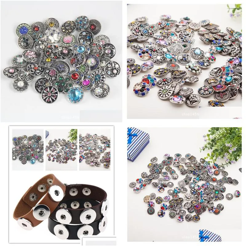 50pcs/lot metal vintage 18mm snap button for snap jewelry rhinestone buttons fit snap bracelet necklaces wholesale fashion mixed style