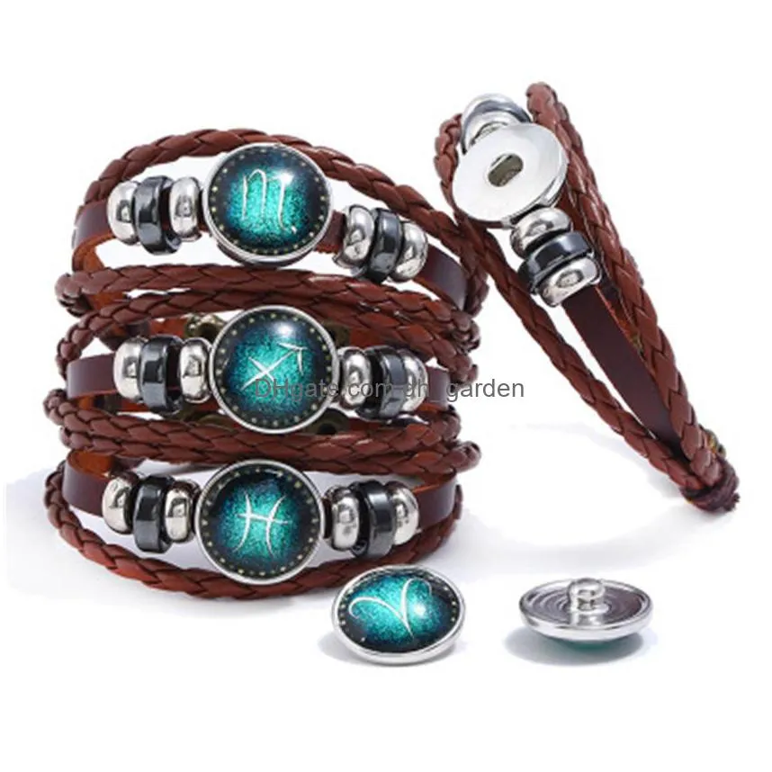 24pcs/lot punk factory direct bracelets button 12 constellations cowhide bracelet hand knitting handmade lovers leather jewelry z