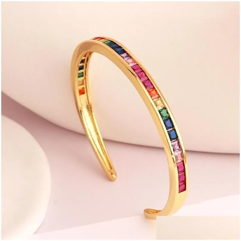 bangle 1pc party gift rainbow cubic zirconia european women lady jewelry micro paved bling square cz high quality