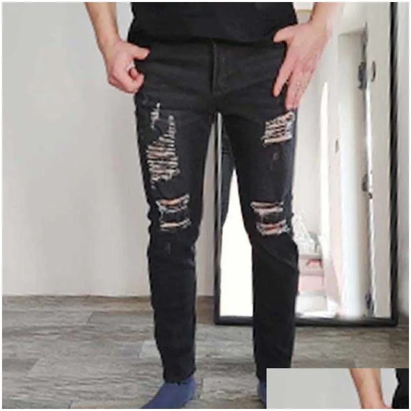 Men`S Jeans Black Skinny Jeans Men Ripped Male 2021 New Casual Hole Summer Street Hip Hop Slim Denim Pants Man Fashion Jogger Trousers Dh4Lf