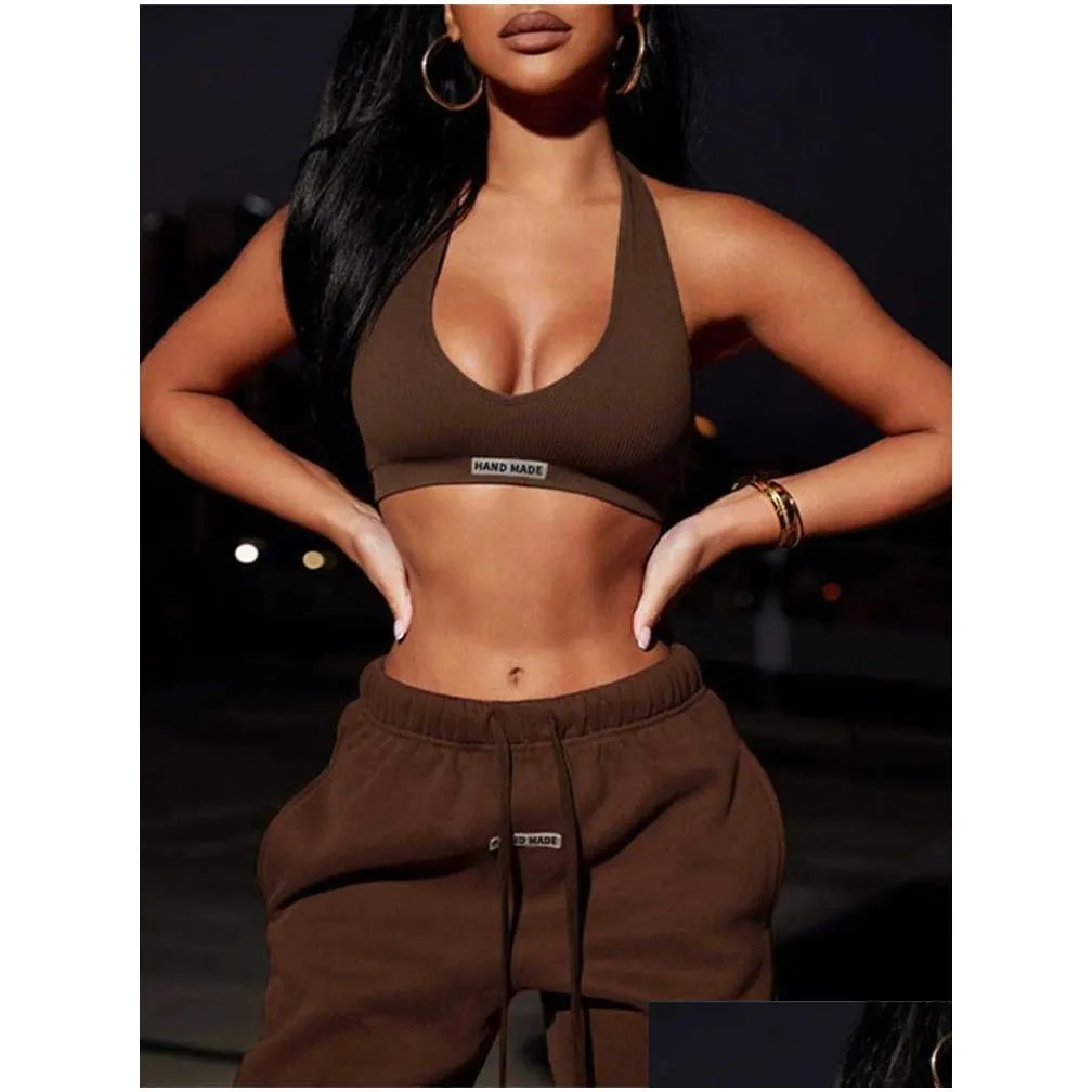 Two Piece Dress Two Piece Dress Sporty Set Girl Halter Crop Tops Dstring Sweatpants Slim Activewear Casual Gym Workout Fitness Womens Dhqo4