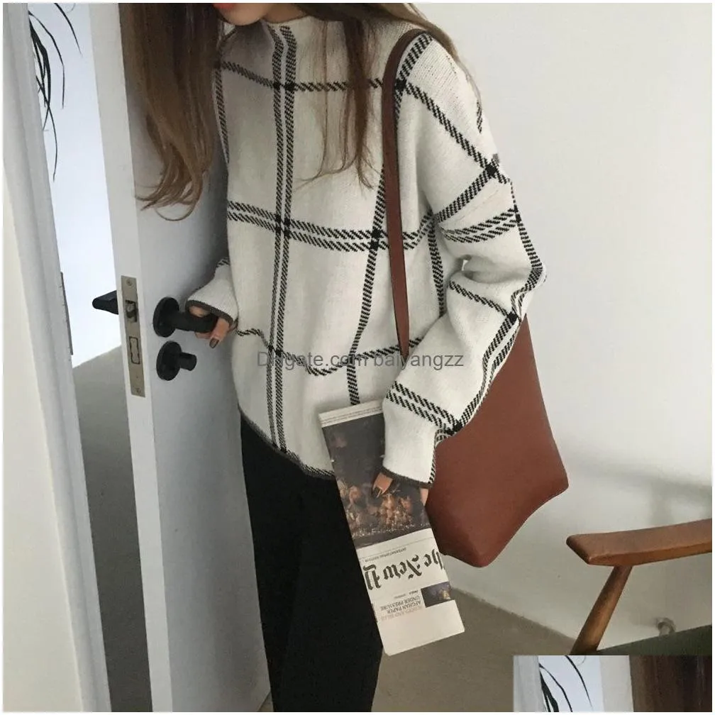 2019 autumn winter plaid pullovers sweaters women elegant fine knitted turtleneck long sleeve sweater female knitwear