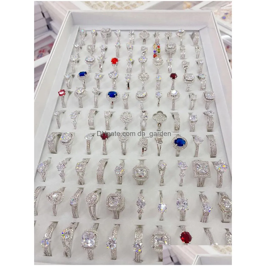 wholesale 50pcs / lot silver color square zircon with side stones ring fashion gold color jewelry promise engagement rings for women