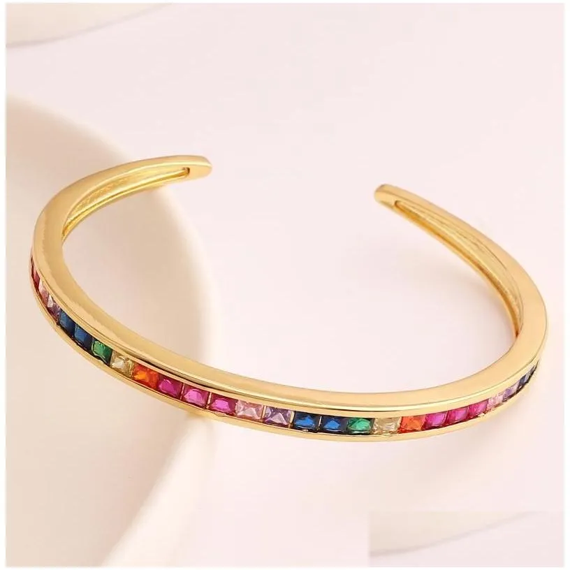 bangle 1pc party gift rainbow cubic zirconia european women lady jewelry micro paved bling square cz high quality