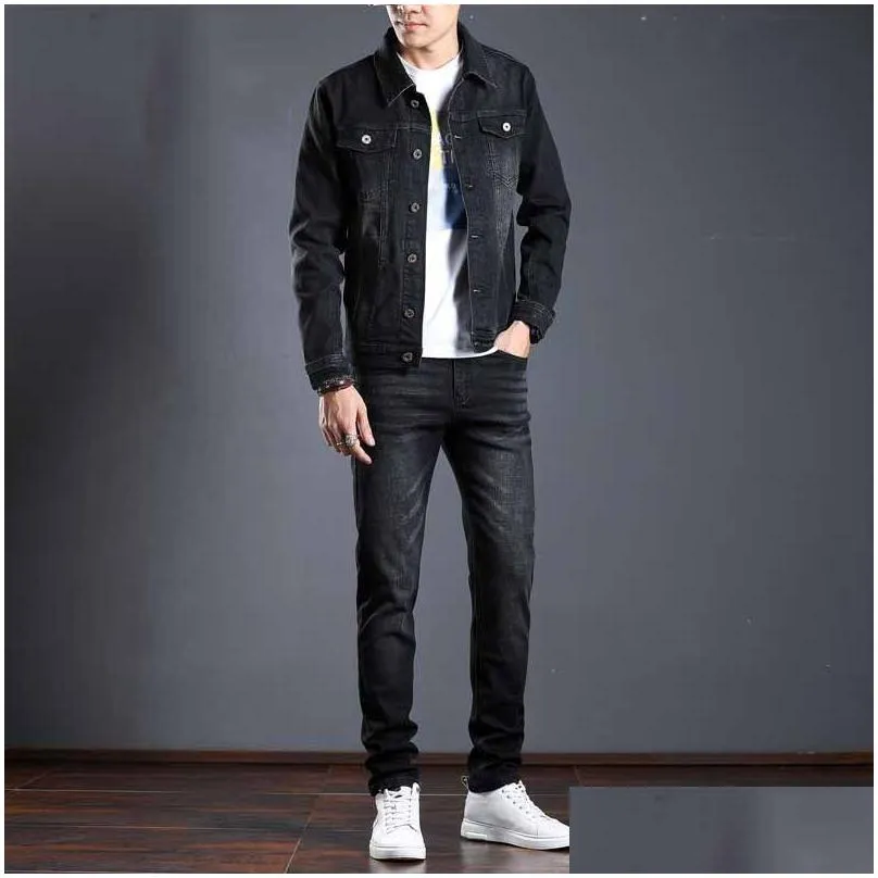 Men`S Tracksuits Smart Business Tracksuits Simple Blue Men Two-Piece Sets Spring Autumn Denim Jacket And Jeans Fashion Slim Trendy Str Dhmjc