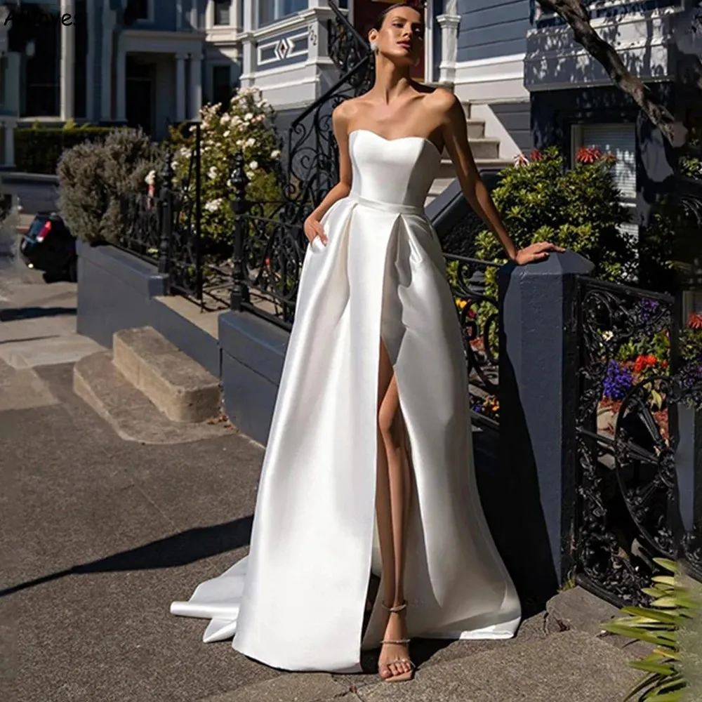 White Modern Simple Satin A Line Wedding Dresses For Bride Sweetheart Neck Empire Waist Fashion Bridal Gowns Sexy High Split Plus Size Reception Party Dress CL2143