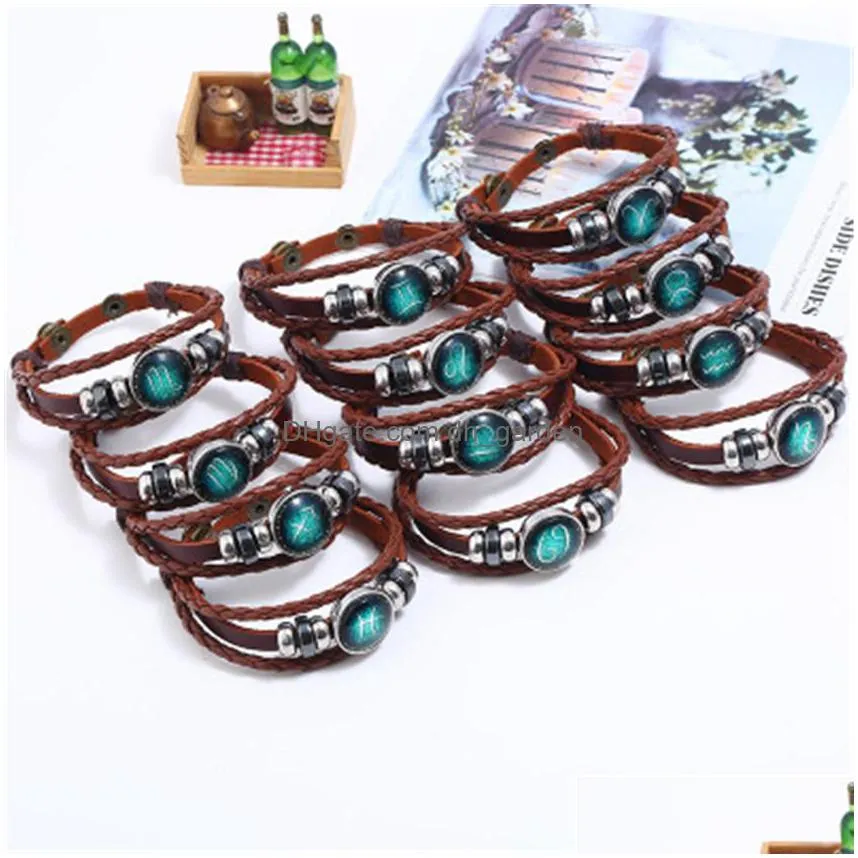 24pcs/lot punk factory direct bracelets button 12 constellations cowhide bracelet hand knitting handmade lovers leather jewelry z