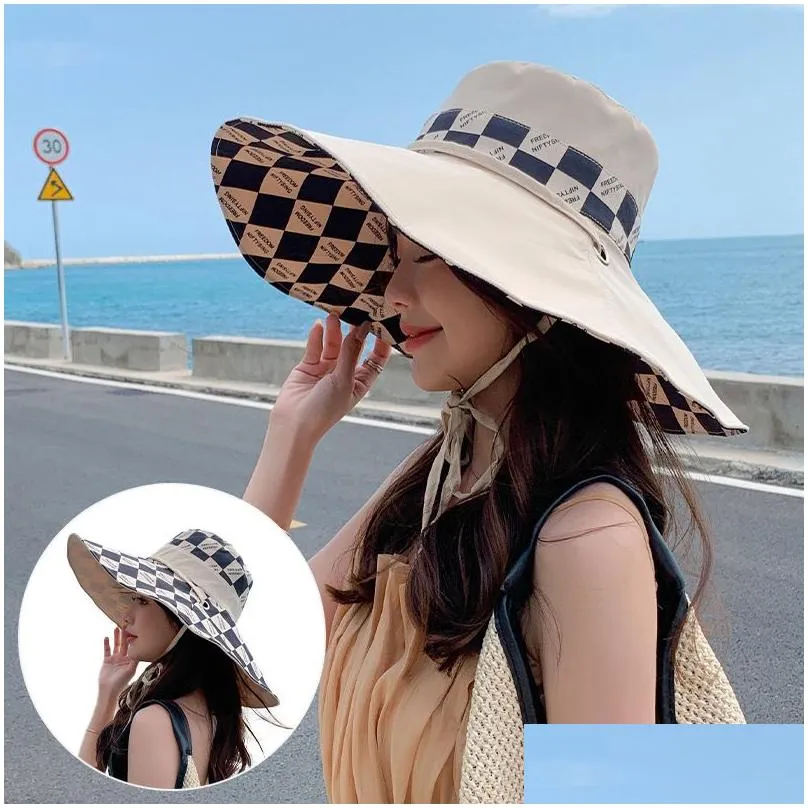 wide brim bucket hats ladies bucket hat double sided wear fashion checked summer beach neck protection sun visor packable wide brimmed foldable reversal vietnam