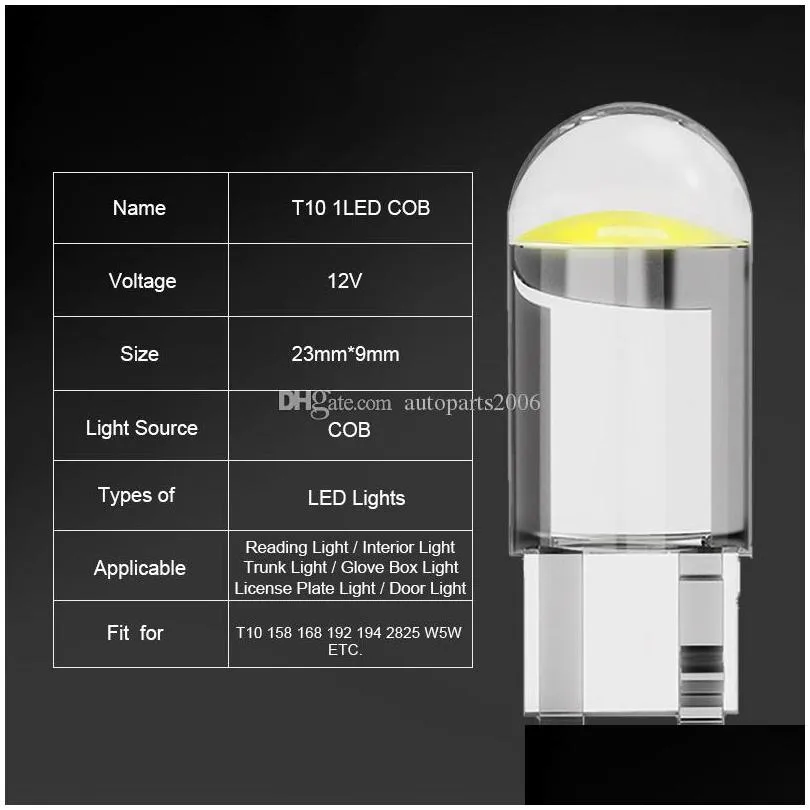 100pcs white 1led cob 158 w5w 2825 168 192 194 t10 wedge bulbs 12v for car side marker lamps dome map door license plate light