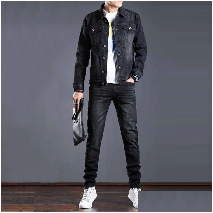 Men`S Tracksuits Smart Business Tracksuits Simple Blue Men Two-Piece Sets Spring Autumn Denim Jacket And Jeans Fashion Slim Trendy Str Dhmjc