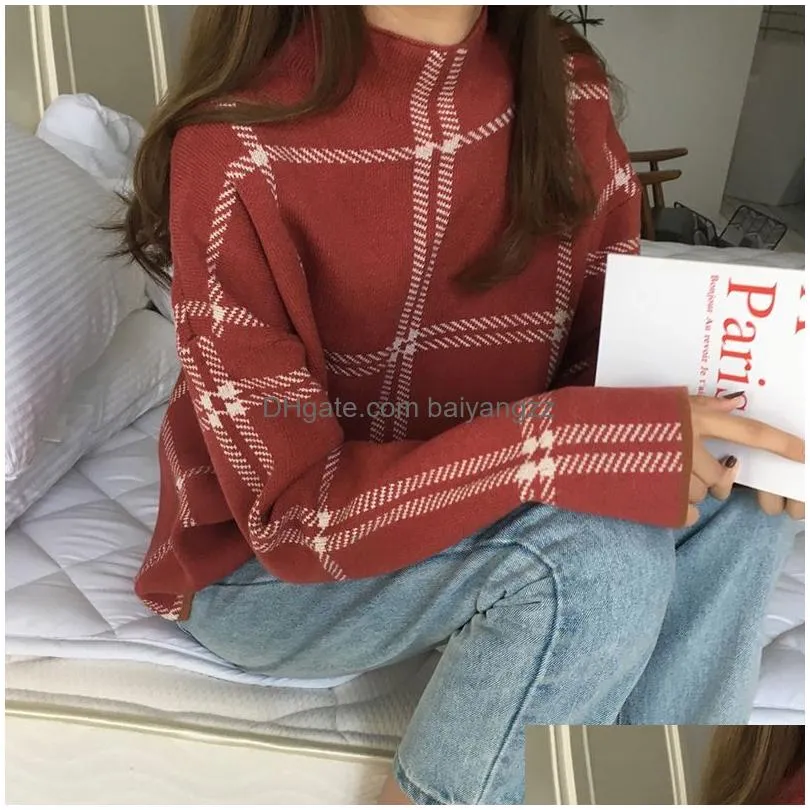 2019 autumn winter plaid pullovers sweaters women elegant fine knitted turtleneck long sleeve sweater female knitwear