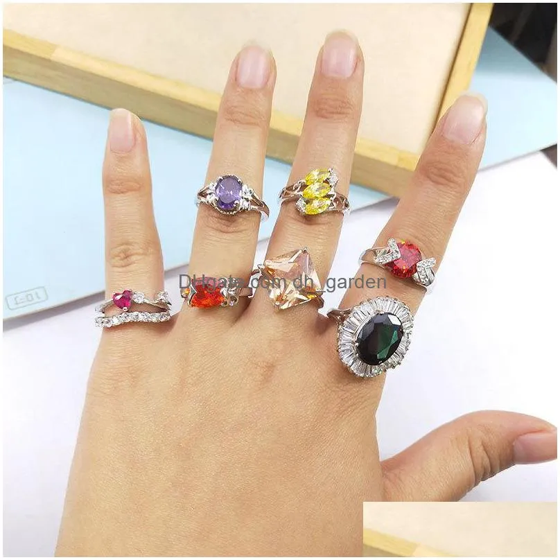 wholesale 50pcs / lot silver color square zircon with side stones ring fashion gold color jewelry promise engagement rings for women