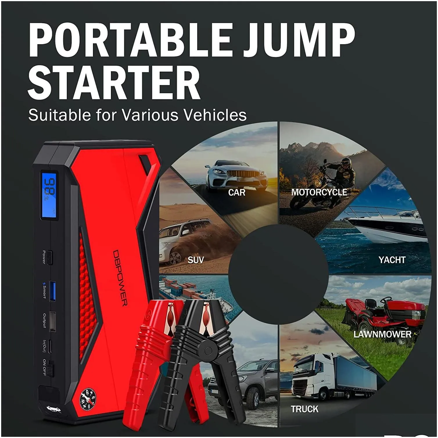 Car Jump Starter&Power Inverter Dbpower Battery Jump Starter 800Amp Portabel Car Pack 18000Mah Drop Delivery Automobiles Motorcycles A Dh9Mx