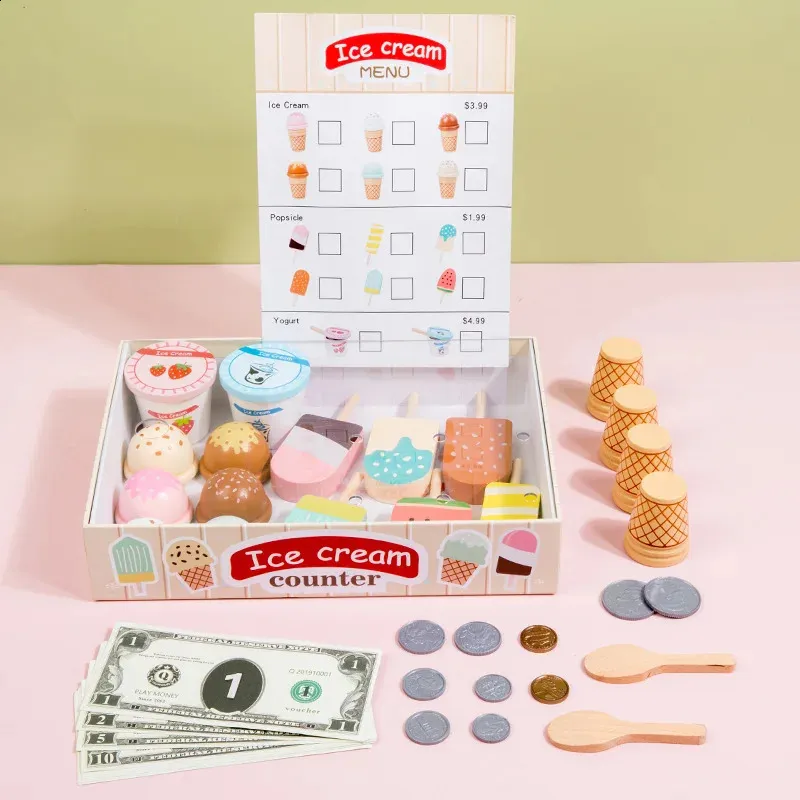 Kitchens Play Food Wooden House Kitchen Toy Set Simulation Ice Cream Accessories For Kids Preschool Education Game Xmas Gift 231109