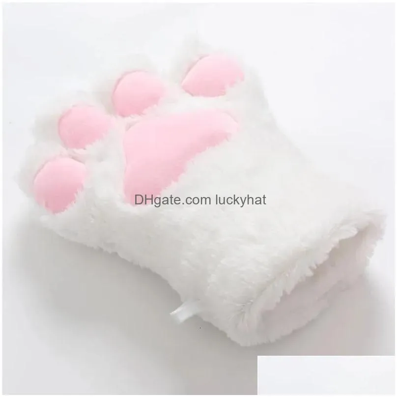 Five Fingers Gloves Five Fingers Gloves 1Pair Lovely Plush Cat Paw Claw Winter Warm Fingerless Women Girls Fluffy Bear Half Finger Mit Dh1Ka