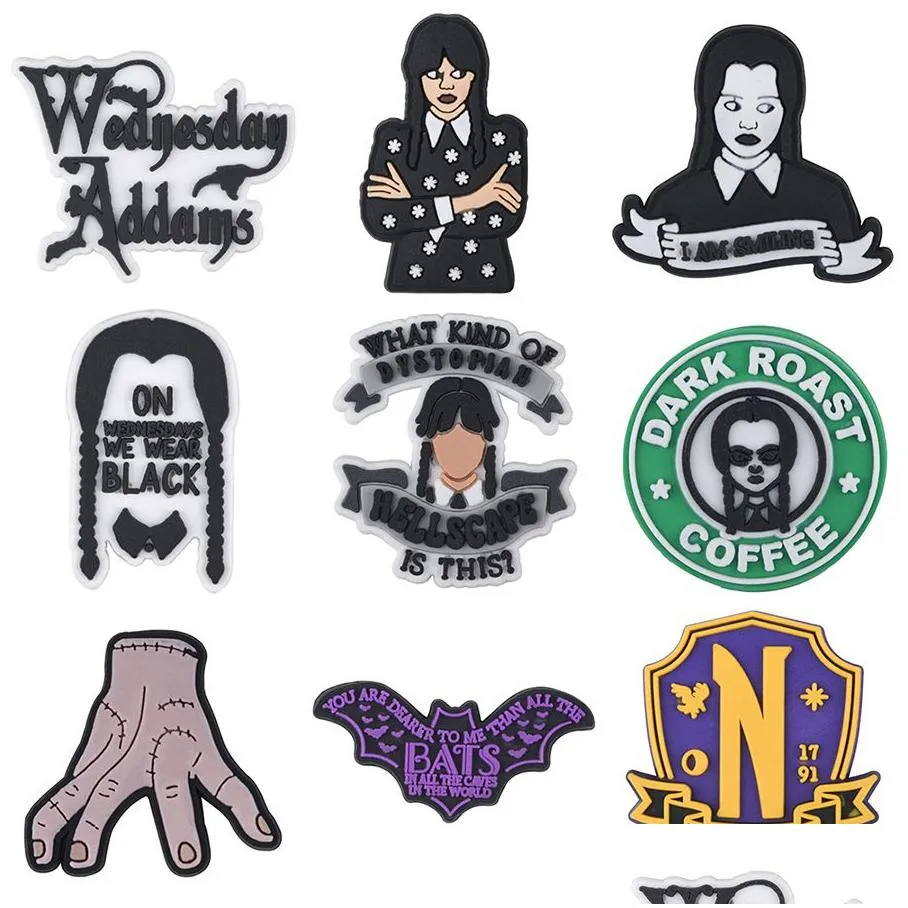 Cartoon Accessories Wholesale Wednesday Addams Family Shoe Charms For Clog Uni Kids Teen Adty Party Drop Delivery Baby, Kids Maternity Dhp5G