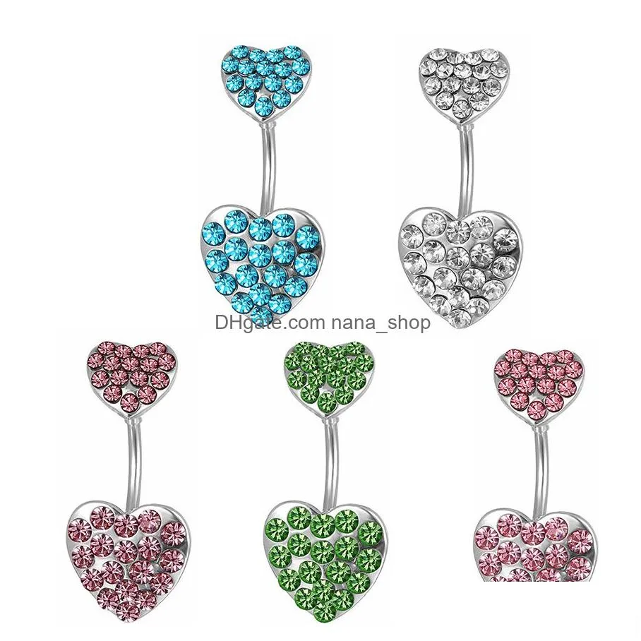 Navel & Bell Button Rings D0204 Double Hearts Clear Belly Navel Button Ring 14Ga 10Mm Length Drop Delivery Jewelry Body Jewelry Dhpfr