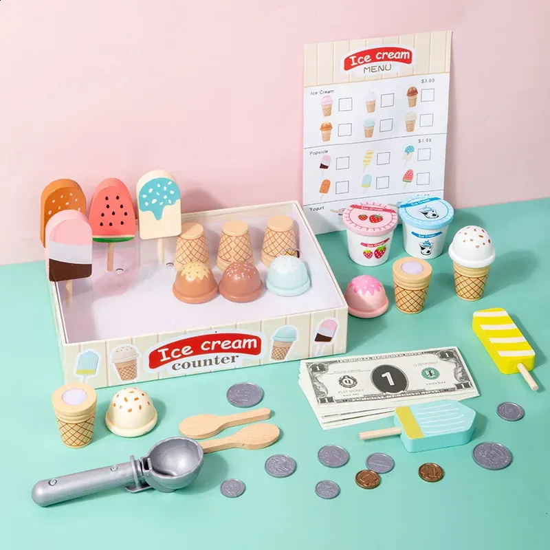 Kitchens Play Food Wooden House Kitchen Toy Set Simulation Ice Cream Accessories For Kids Preschool Education Game Xmas Gift 231109