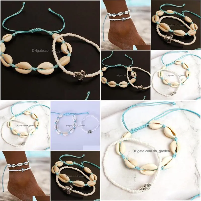 beach style woven shell string rice beads anklets tortoise set 2 foot accessories womens foot chain