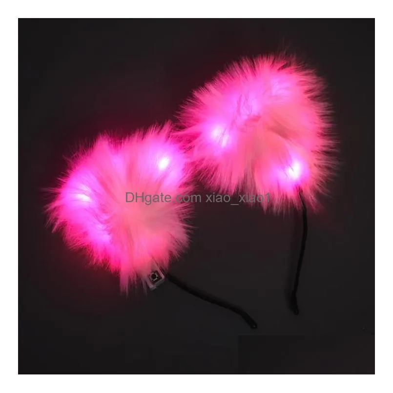 flash cat fox long fur ears headband party hat cosplay costume glowing hairband led plush hair hoop headdress for women girl white