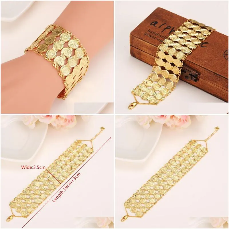 arab bracelet women 18 k solid g/f gold coins bangle islam middle east chain jewelry 190add 30 mm 35mm wide