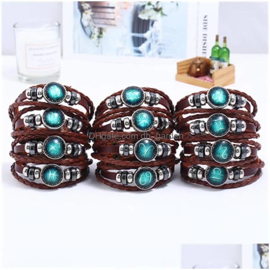 24pcs/lot punk factory direct bracelets button 12 constellations cowhide bracelet hand knitting handmade lovers leather jewelry z