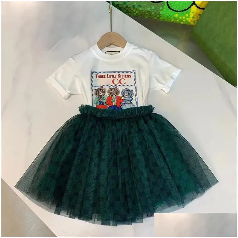 luxury designer kids t-shirt veil skirt fashion cute baby clothes children short sleeve sets clothing suits summer girls cotton dress 8