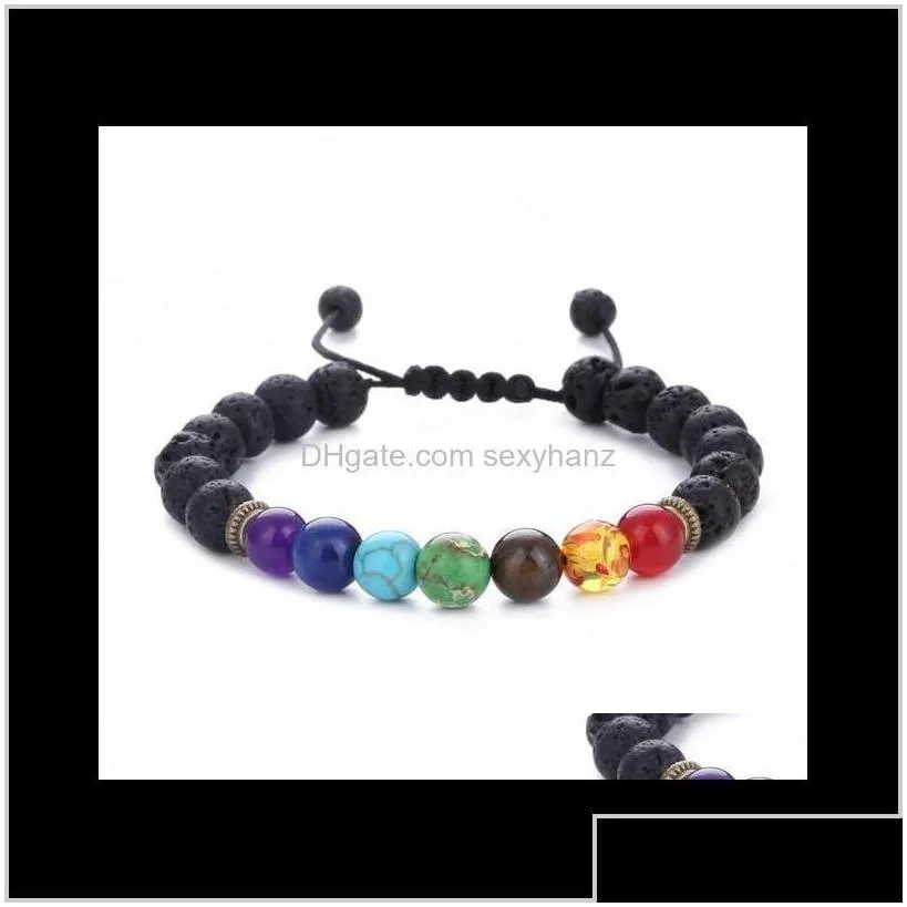 charm jewelry 7 chakra bracelet men women black natural lava stone yoga beads aroma bracelets adjustable weave rope bangle jewelry